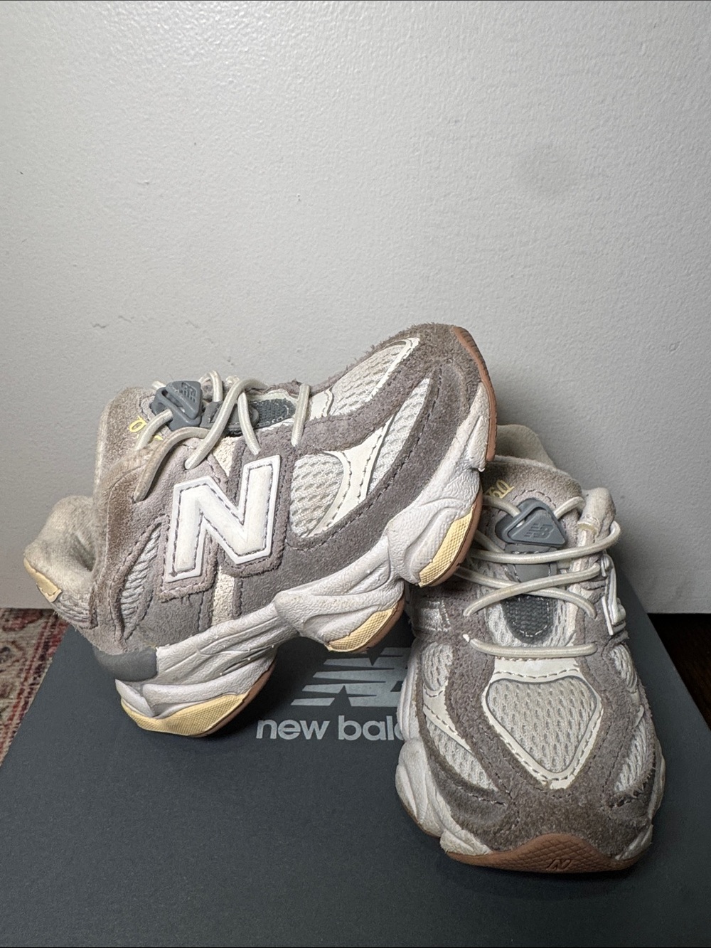 New Balance 9060 Kids' Gray and Cream Sneakers with Pale Yellow Accents